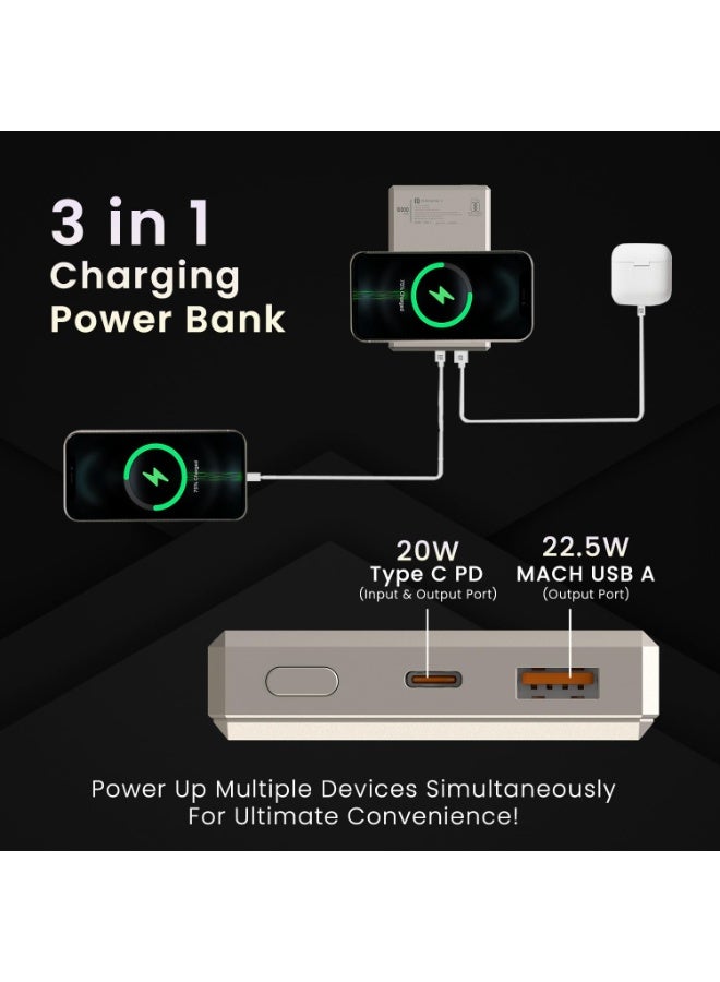 بورترونيكس Portronics Luxcell MagClick 10k 10000 mAh 15W Magnetic Wireless Fast Charging Nano Power Bank Premium Finish, 22.5 Wired Output Compatible with iPhone 12 & Above,Type C Smartphones,Tablets(Beige) - Image 2